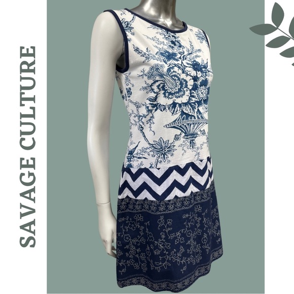 Savage Culture Sleeveless Summer Dress Blue White Mixed Pattern Size Medium - Picture 3 of 10